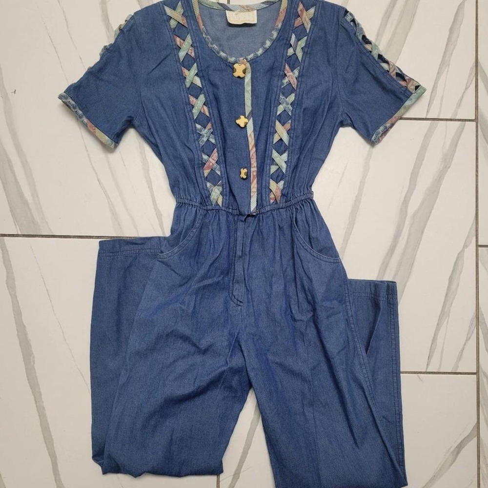 Vintage blue denim cottagecire jumpsuit with quikted details and pockets 90s - Picture 1 of 8